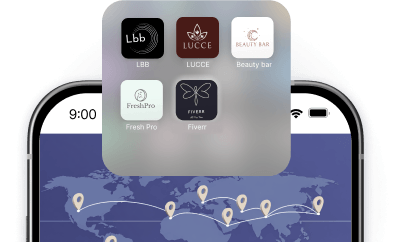smartphone screen showing a blurred folder of beauty and lifestyle apps over a world map with location pins | altegio | altegio