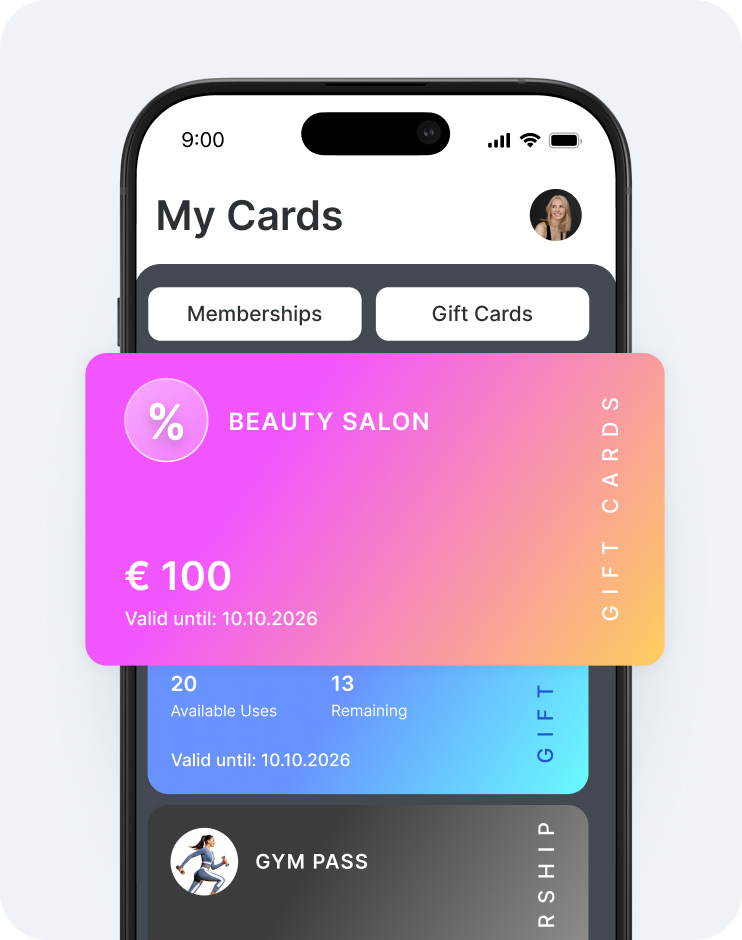 schermo di uno smartphone che mostra un'app portafoglio con due schede denominate "le mie carte": "abbonamenti" e "buoni regalo", e un buono regalo con una sfumatura dal rosa al giallo contrassegnato con la dicitura "salone di bellezza" del valore di 100 € | altegio | altegio