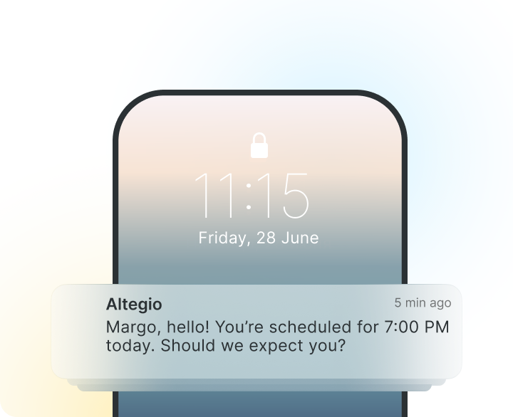schermata di blocco del telefono che mostra 1115 con una notifica: “Altegio Margo, ciao, hai un appuntamento oggi alle 700 pm, dobbiamo aspettarti?” | altegio | altegio