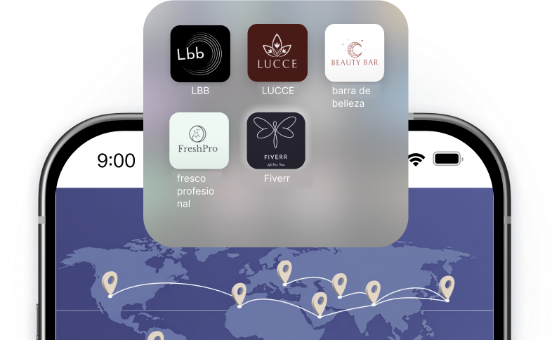 Pantalla de smartphone que muestra una carpeta borrosa de aplicaciones de belleza y estilo de vida sobre un mapa del mundo con chinchetas de localización | altegio | altegio