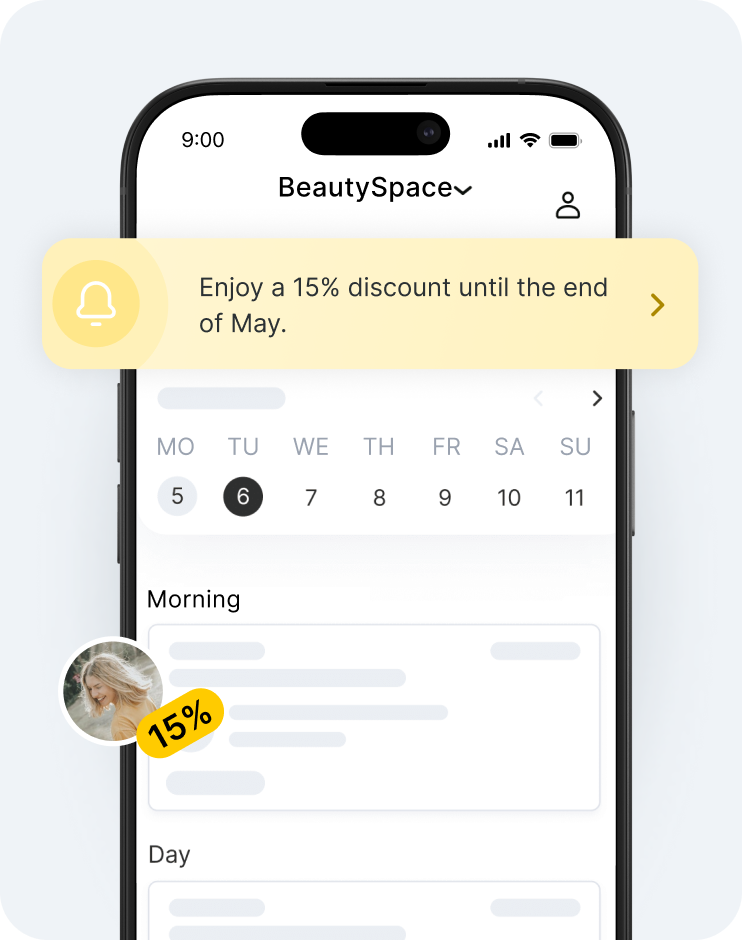 schermata dell'app mobile che mostra Beautyspace con un banner giallo di sconto, un calendario e l'avatar di un utente con una notifica di sconto contrassegnata dal numero 15 | altegio | altegio