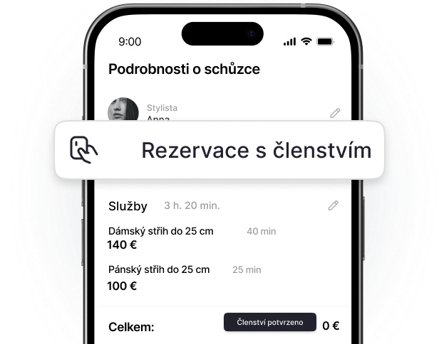 obrazovka telefonu zobrazující &apospodrobnosti o schůzce&apos s plovoucím nápisem &aposbooking with membership&apos nad seznamem služeb a tlačítkem &aposmembership validated&apos | altegio | altegio