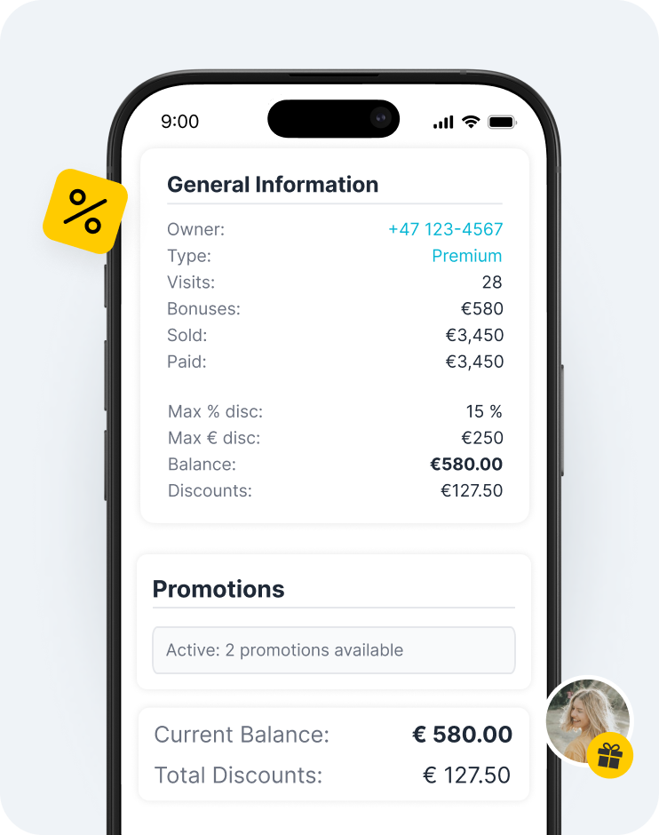 schermata dell'app mobile con una scheda informativa generale che mostra un saldo di 580 € e gli sconti, e un pannello dedicato alle promozioni sotto l'etichetta gialla degli sconti a sinistra | altegio | altegio