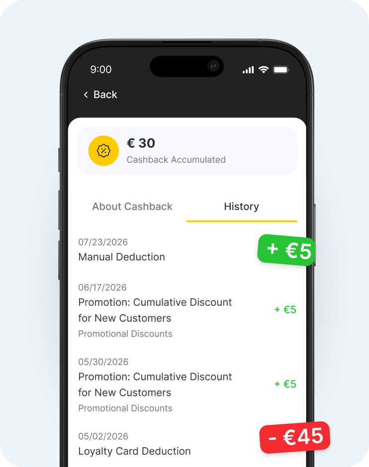 schermata dell'app mobile che mostra un saldo cashback di 30 € con la scheda "Cronologia" selezionata e un elenco di voci, ad esempio +5 €  45 € | altegio | altegio