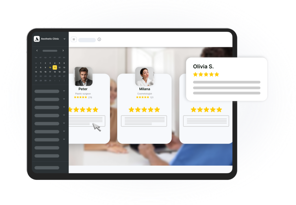 dashboard della clinica con tre schede di profilo (Peter, Milana, Olivia S) e un pannello di navigazione a sinistra | Altegio | Altegio