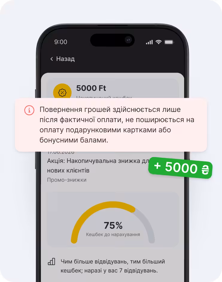 Екран мобільного додатка, на якому відображається панель кешбеку з інформаційним банером про реальну можливість отримання виплати, значком «+5 євро» та дугою прогресу на рівні 75 | altegio