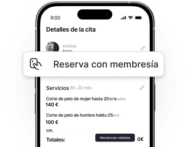 pantalla de teléfono mostrando &aposappointment details&apos con un tooltip flotante que dice &aposbooking with membership&apos sobre una lista de servicios y un botón &aposmembership validated&apos | altegio | altegio