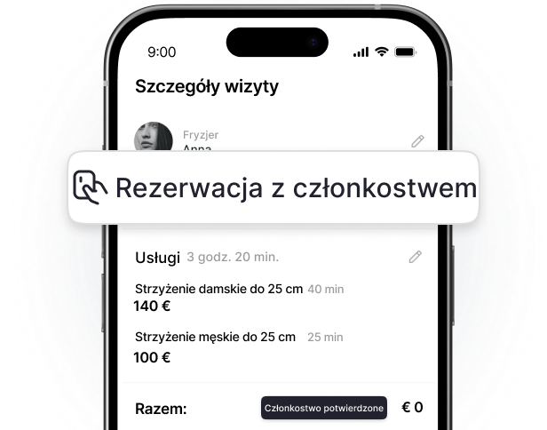 ekran telefonu pokazujący &aposappointment details&apos z pływającą etykietką z napisem &aposbooking with membership&apos nad listą usług i przyciskiem &aposmembership validated&apos | altegio | altegio