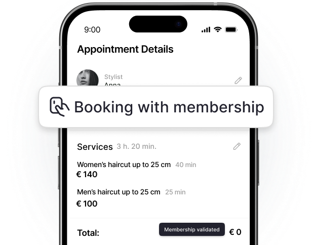 ekran telefonu pokazujący &aposappointment details&apos z pływającą etykietką z napisem &aposbooking with membership&apos nad listą usług i przyciskiem &aposmembership validated&apos | altegio | altegio