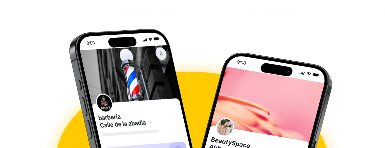 dos smartphones inclinados muestran perfiles de aplicaciones socialesuno para barbershop abbey street el otro para beautyspace con fotos de perfil y encabezados sobre un fondo curvo amarillo | altegio | altegio