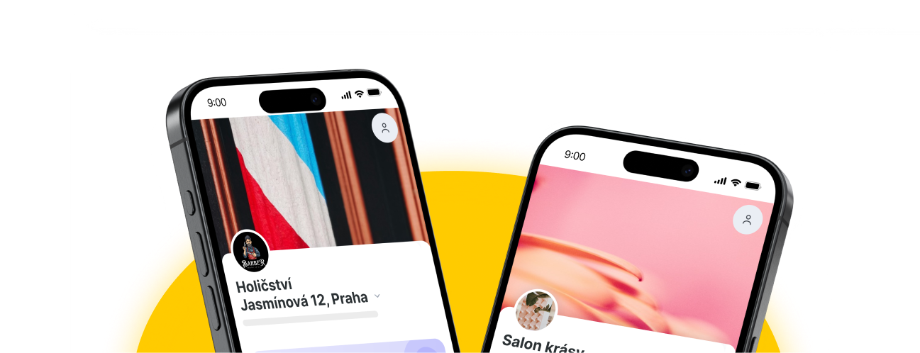 dva nakloněné chytré telefony zobrazují profily sociálních aplikací, jeden pro barbershop abbey street a druhý pro beautyspace s profilovými fotografiemi a záhlavími na žlutém zakřiveném pozadí | altegio | altegio