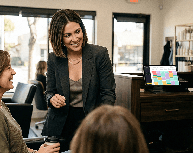 professional woman in a dark blazer stands and chats with seated coworkers in a bright office cafe setting holding a coffee cup nearby | altegio | altegio