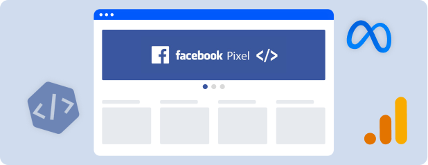 illustration of a webpage showing facebook pixel integration with a blue header and surrounding code and analytics icons | altegio | altegio