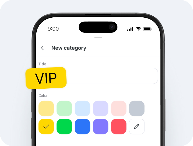 schermata del cellulare che mostra un modulo per creare una nuova categoria denominata “vip”; i campioni di colore sotto il giallo sono contrassegnati da un segno di spunta e a destra compare l’icona a forma di matita per la modifica | altegio | altegio