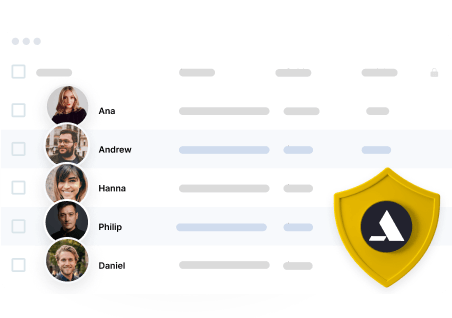 dashboard style user list with avatars and checkboxes two rows highlighted in blue and a large yellow security shield on the right | altegio | altegio