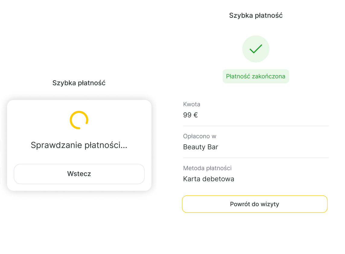 lewa nakładka ładująca z napisem &aposchecking payment&apos z obracającym się kółkiem i przyciskiem &aposback&apos pod spodem | altegio | altegio