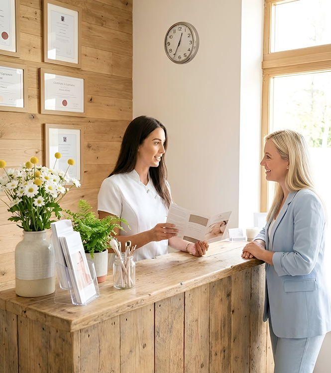 banco della reception con un addetto in divisa bianca che consegna un opuscolo a una donna in tailleur azzurro; alle sue spalle, sulla parete in legno, sono appesi dei certificati incorniciati | altegio | altegio
