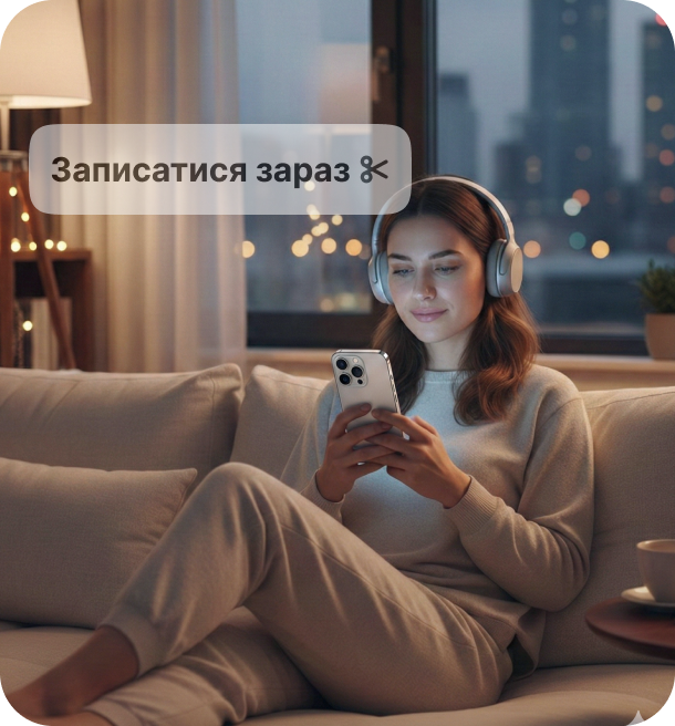 жінка в навушниках сидить на дивані вдома і дивиться в телефон напівпрозора кнопка &aposbook now&apos накладається на екран | altegio | altegio