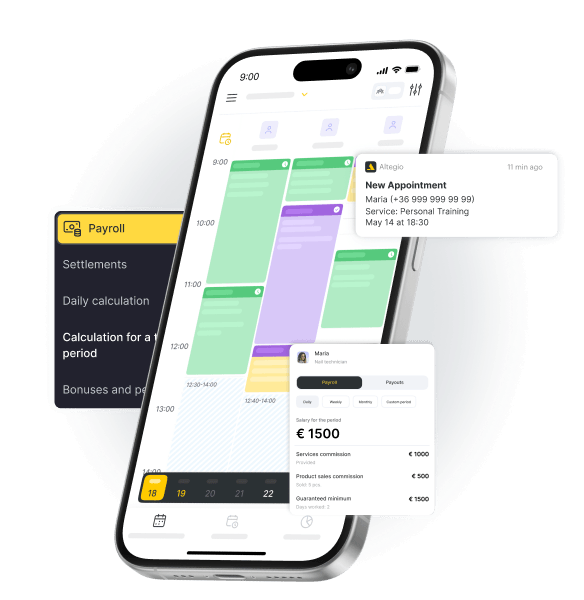 mobile payroll and calendar app ui showing schedule alerts and payroll details | altegio | altegio