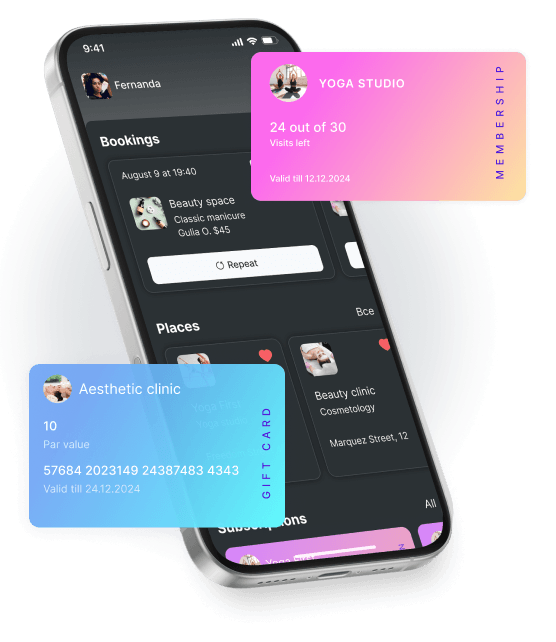 smartphone screen showing an app with dark theme showcasing bookings places and floating colored cards for a yoga studio membership and an aesthetic clinic gift card | altegio | altegio