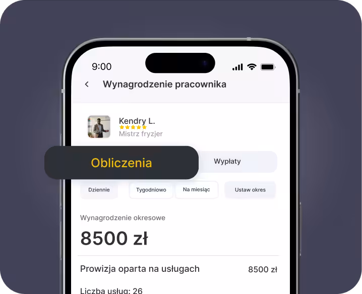 Ekran aplikacji mobilnej zatytułowany „Wynagrodzenie pracownika”, przedstawiający obszar obliczania wynagrodzenia z opcjami takimi jak „dziennie” i „tygodniowo” oraz kwotą wynagrodzenia wynoszącą 325 000 € | altegio