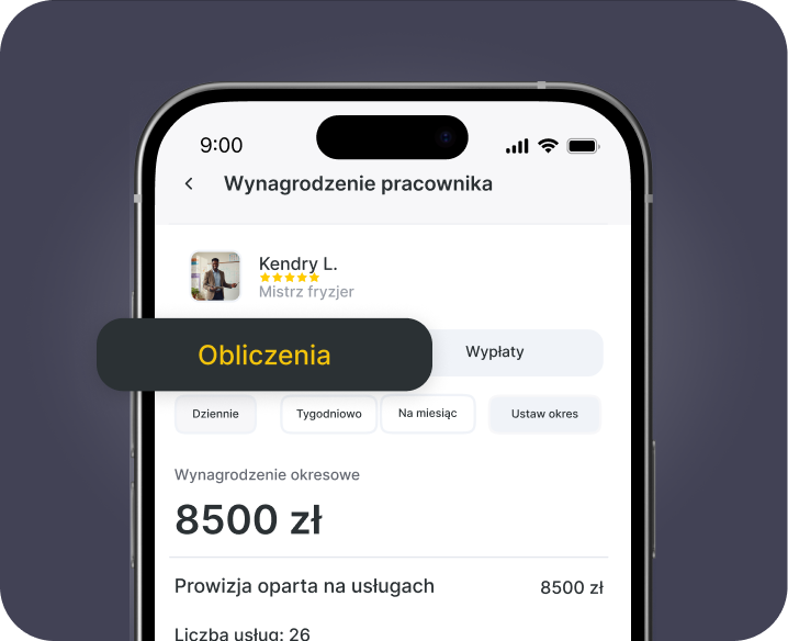 Ekran aplikacji mobilnej zatytułowany „Wynagrodzenie pracownika”, przedstawiający obszar obliczania wynagrodzenia z opcjami takimi jak „dziennie” i „tygodniowo” oraz kwotą wynagrodzenia wynoszącą 325 000 € | altegio | altegio