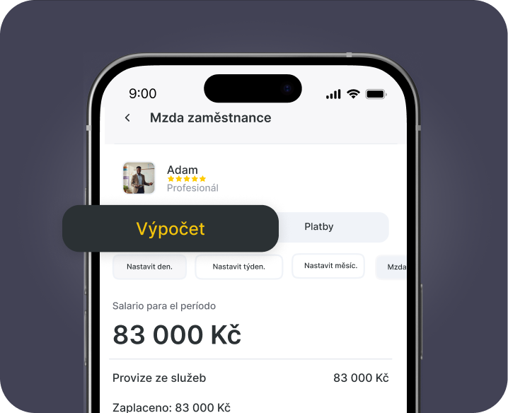 obrazovka mobilní aplikace s názvem „zaměstnanecký plat“, na které je zobrazena část pro výpočet platu s možnostmi jako „za den“, „za týden“ a částkou platu 325 000 € | altegio | altegio