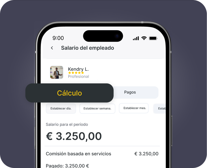 Pantalla de una aplicación móvil titulada «Salario de los empleados», en la que se muestra un área de cálculo del salario con opciones como «por día» y «por semana», y un importe salarial de 325 000 € | altegio | altegio