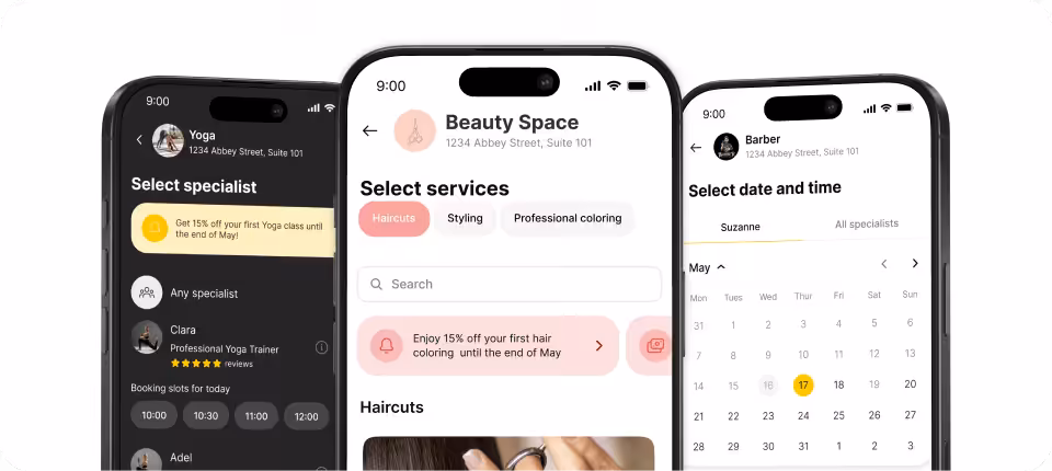 Collage of three smartphones showing a beauty service app: selecting services, booking haircuts, and scheduling date/time (Beauty Space).