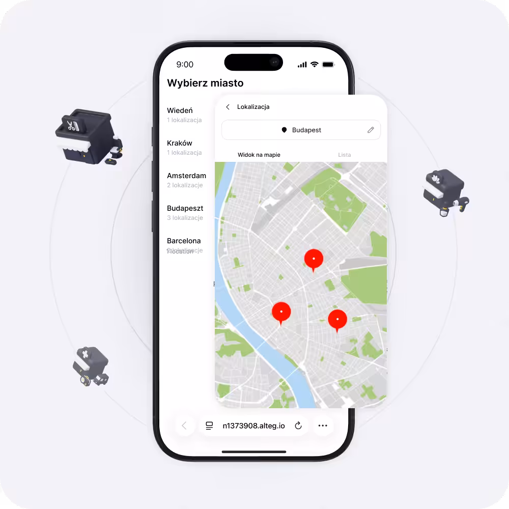 Ekran smartfona, na którym widoczna jest aplikacja z mapą zawierająca trzy czerwone pinezki oraz lewy panel z listą miast (Wiedeń, Kraków, Amsterdam, Budapeszt, Barcelona).
