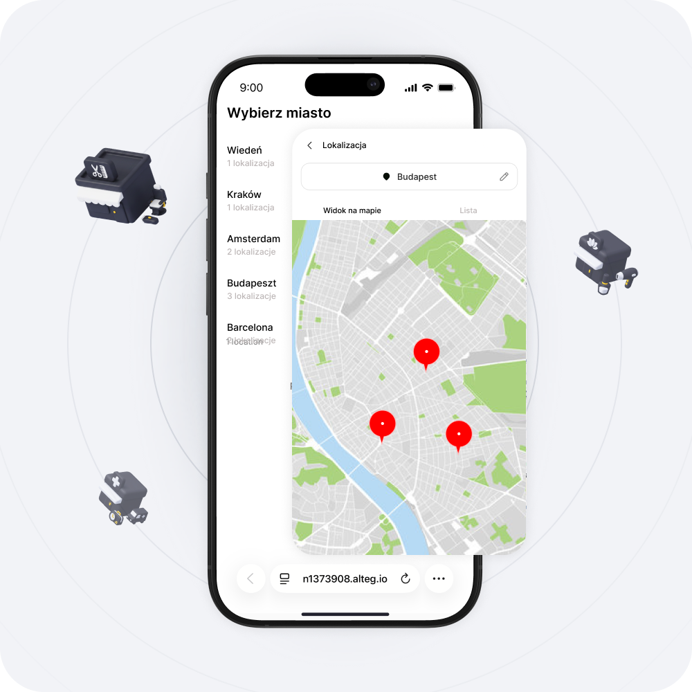 Ekran smartfona, na którym widoczna jest aplikacja z mapą zawierająca trzy czerwone pinezki oraz lewy panel z listą miast (Wiedeń, Kraków, Amsterdam, Budapeszt, Barcelona).