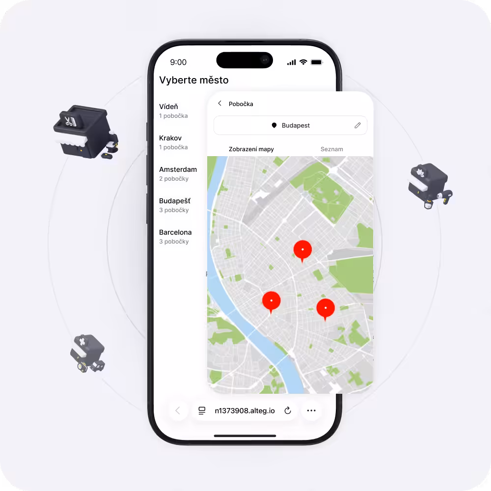 Obrazovka smartphonu, na které je zobrazena mapová aplikace se třemi červenými špendlíky a v levém panelu seznam měst (Vídeň, Krakov, Amsterdam, Budapešť, Barcelona).