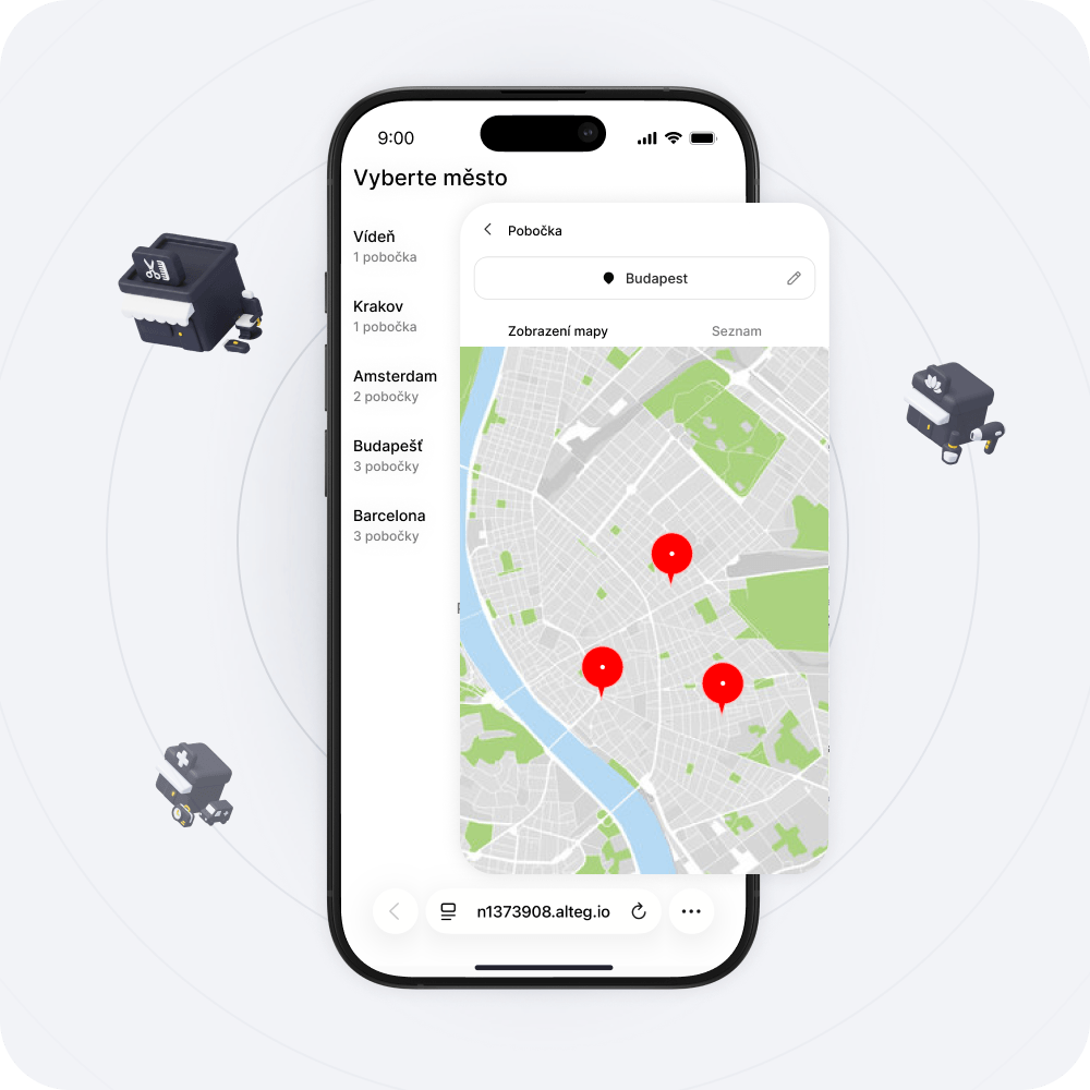 Obrazovka smartphonu, na které je zobrazena mapová aplikace se třemi červenými špendlíky a v levém panelu seznam měst (Vídeň, Krakov, Amsterdam, Budapešť, Barcelona).