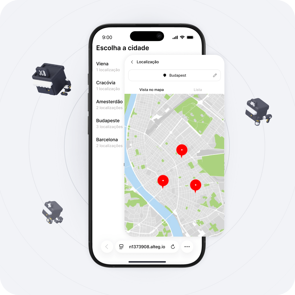 Tela de smartphone exibindo um aplicativo de mapas com três marcadores vermelhos e um painel à esquerda listando cidades (Viena, Cracóvia, Amsterdã, Budapeste, Barcelona).