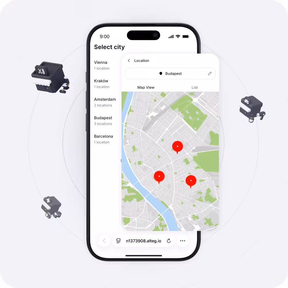 Smartphone screen showing a map app with three red pins and a left panel listing cities (Vienna, Kraków, Amsterdam, Budapest, Barcelona).