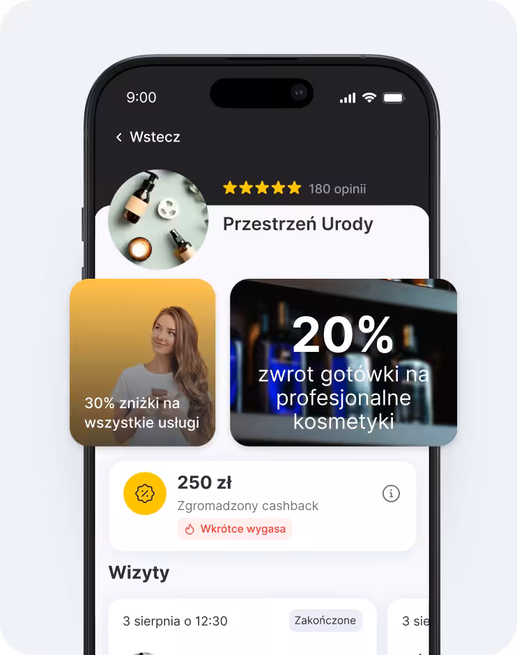Ekran aplikacji mobilnej przedstawiający profil salonu kosmetycznego z nakładającymi się kartami promocyjnymi oferującymi zniżki i zwrot gotówki oraz sekcją rezerwacji poniżej | altegio
