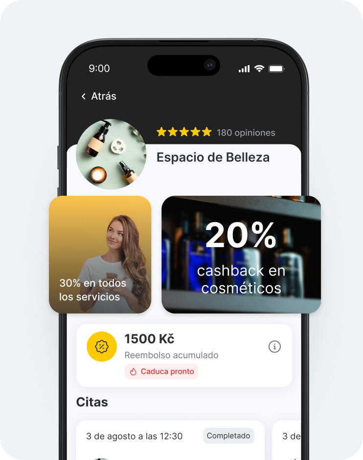 obrazovka mobilní aplikace zobrazující profil salonu s překrývajícími se slevovými a cashbackovými promo kartami a sekcí pro rezervace pod nimi | altegio | altegio