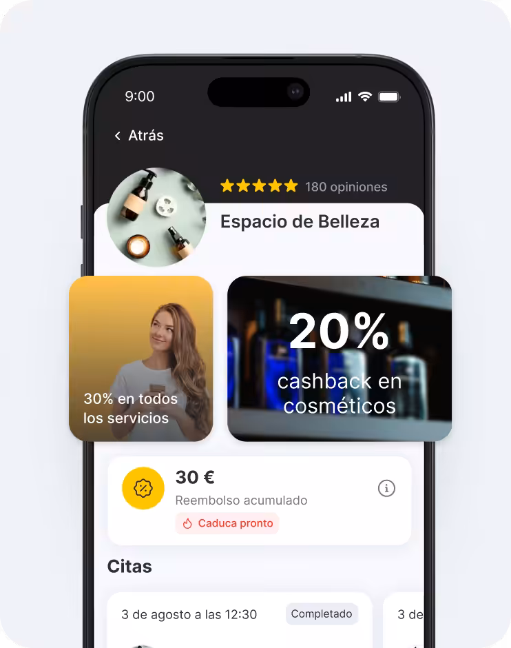 Pantalla de una aplicación móvil en la que se muestra el perfil de Beauty Space con tarjetas promocionales de descuento y reembolso superpuestas, y una sección de citas debajo | altegio | altegio