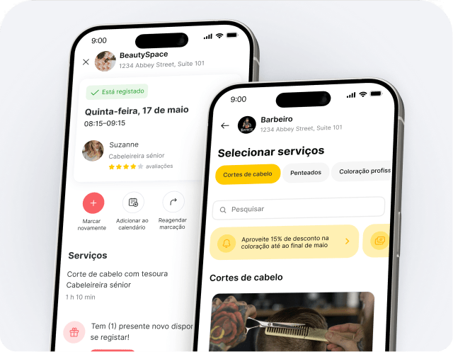 Duas telas de iPhone lado a lado exibindo um aplicativo de salão de beleza/barbearia com opções de serviços, pesquisa e um banner promocional (com destaque para “Cortes de cabelo”).