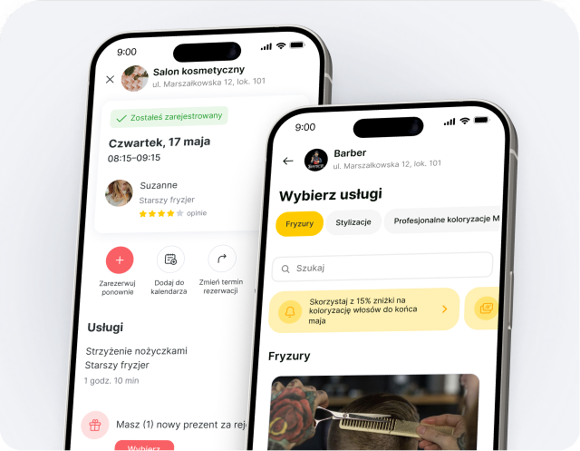 Dwa ekrany iPhone’a obok siebie, na których widoczna jest aplikacja kosmetyczno-fryzjerska z opcjami usług, funkcją wyszukiwania oraz banerem promocyjnym (z wyróżnioną opcją „Strzyżenie”).