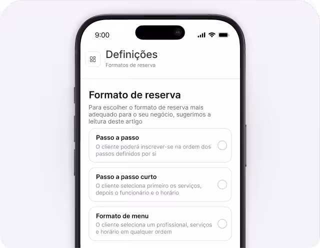Tela de configurações do celular para o formato de reservas, com três opções de cartões: Passo a passo, Passo a passo resumido e Formato de menu.