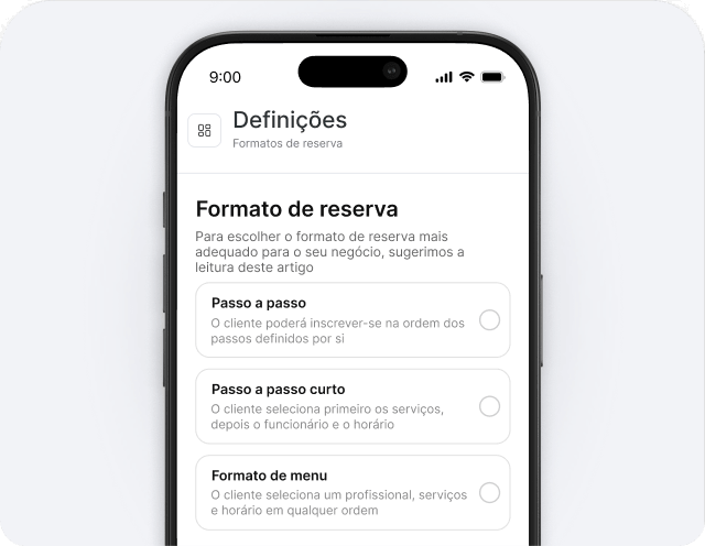 Tela de configurações do celular para o formato de reservas, com três opções de cartões: Passo a passo, Passo a passo resumido e Formato de menu.