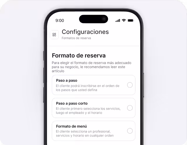 Pantalla de configuración móvil para el formato de reservas, con tres opciones seleccionables: «Paso a paso», «Paso a paso breve» y «Formato de menú».