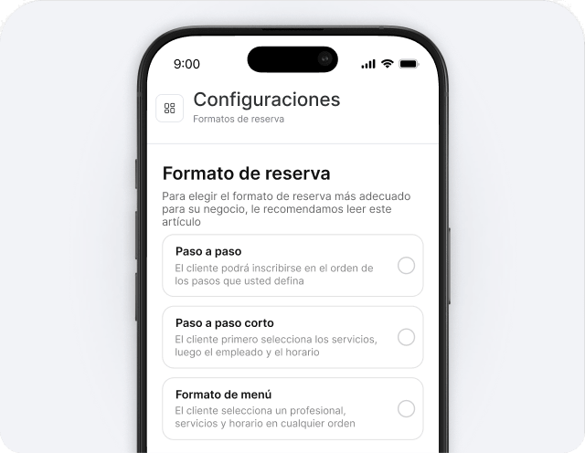 Pantalla de configuración móvil para el formato de reservas, con tres opciones seleccionables: «Paso a paso», «Paso a paso breve» y «Formato de menú».
