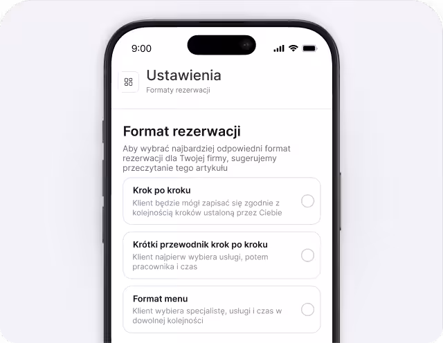 Ekran ustawień mobilnych dla formatu rezerwacji z trzema opcjami do wyboru: „Krok po kroku”, „Krótki przewodnik krok po kroku” oraz „Format menu”.