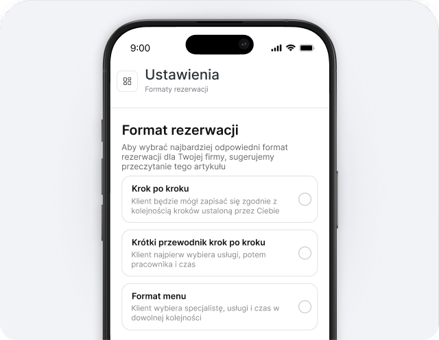 Ekran ustawień mobilnych dla formatu rezerwacji z trzema opcjami do wyboru: „Krok po kroku”, „Krótki przewodnik krok po kroku” oraz „Format menu”.