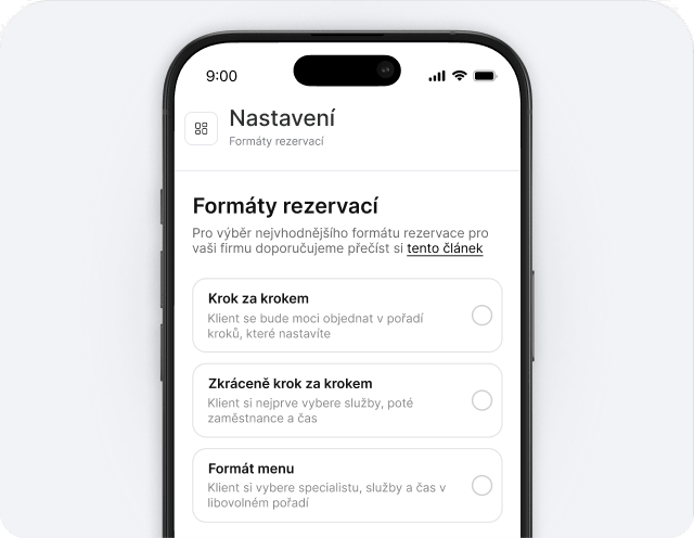 Obrazovka nastavení pro mobilní zařízení u formátu „Rezervace“ s třemi volitelnými kartami: Krok za krokem, Zkrácený postup a Formát nabídky.