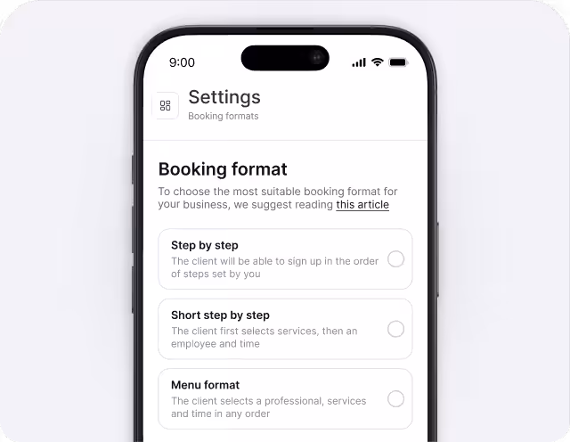 Mobile settings screen for Booking format with three selectable cards: Step by step, Short step by step, and Menu format.