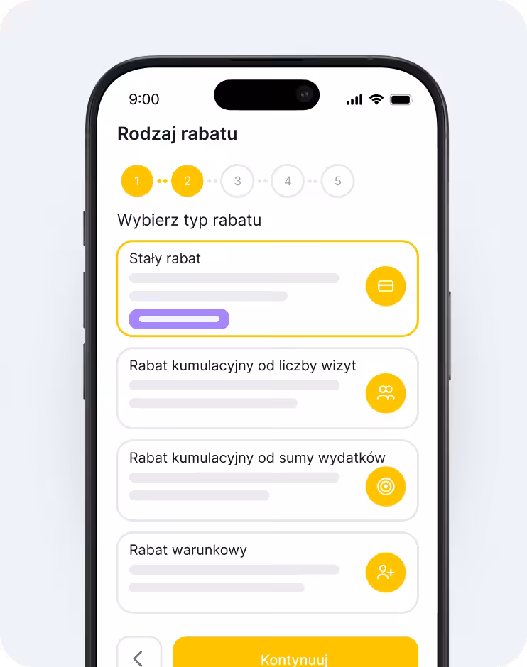 Ekran aplikacji mobilnej przedstawiający proces „rodzaj zniżki” z etapami 1, 2, 3, 4, 5 oraz kilkoma kartami bonusowymi z żółtymi ikonami po prawej stronie; jedna karta jest wyróżniona żółtą ramką | altegio