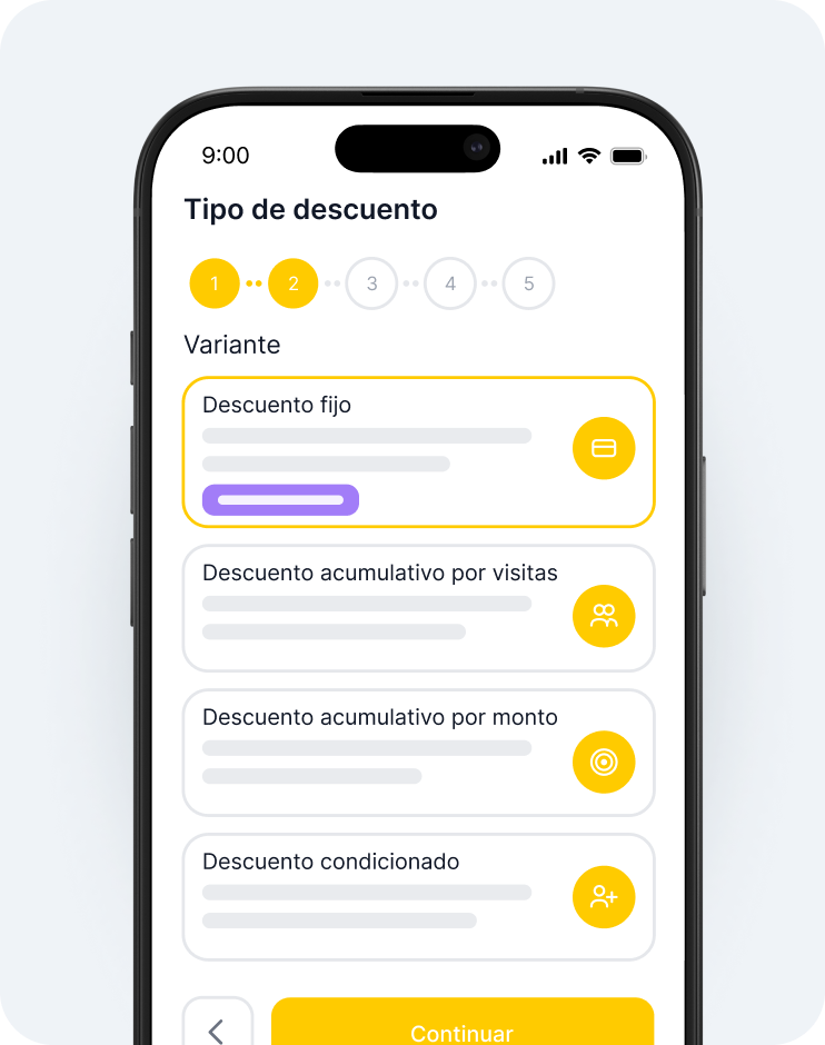 Pantalla de una aplicación móvil que muestra un flujo de «tipo de descuento» con los pasos 1, 2, 3, 4 y 5, y varias tarjetas de bonificación con iconos amarillos en el lado derecho; una de las tarjetas está resaltada con un borde amarillo | altegio | altegio